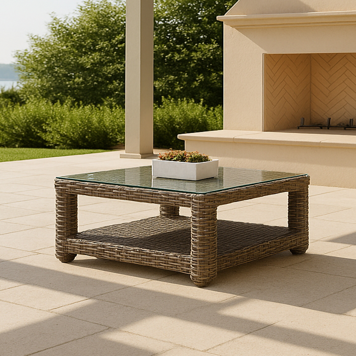 36" x 36" Coffee Table w/ Glass Top and Shelf